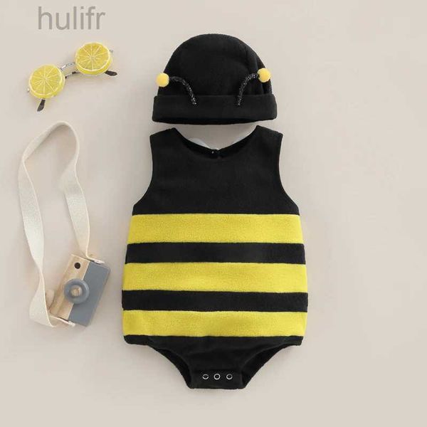 Rompers Baby Boys Girls Biene Strampler Streifen ärmellose Rücken weiße Flügel Dekor Jumpalls Sommer Freizeitkleidung Kleinkindkörper mit Hut D240425