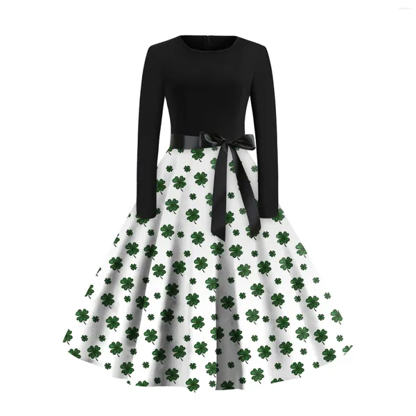 Lässige Kleiderinnen Frauen Kleid Mode Lucky Four Blattklee Druck runden Hals Langarm Big Swing für 2024 St.Patrick's Day