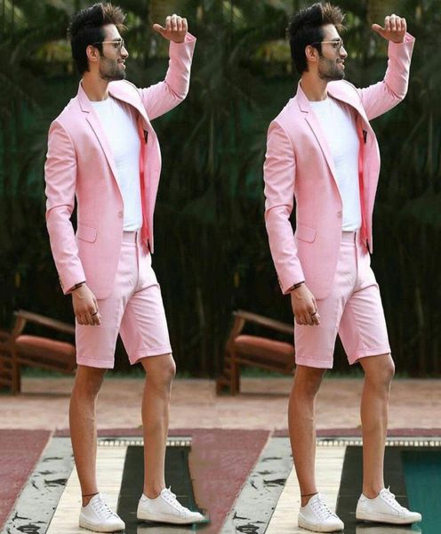 Sommer Short Hosen Pink Leinen Männer Anzüge für Strand Hochzeitsanzüge Bräutigam Smoking Groomsmen Blazers Man Kostüm Homme 2Piece Cy099016548