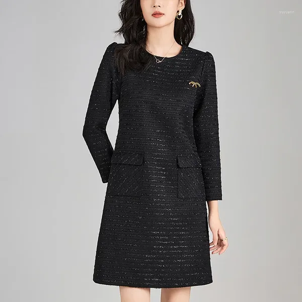 Lässige Kleider französischer Stil Frauen Vintage Kleid Herbst Winter Elegante Mode für Frauen Langarm Büro Dame Tweed A-Line