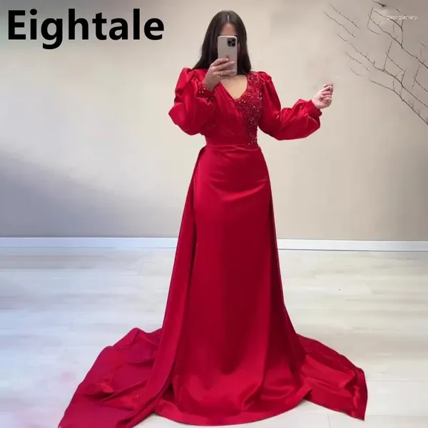 Partykleider achtale rote Meerjungfrau Abendkleid Puff Ärmel Luxus Designer sexy v Hals Applikationen Perlen bodenlange formelle Abschlussballkleid