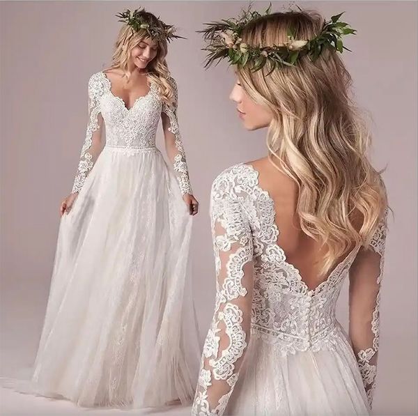 Tül Uzun Kollu Gelinlik Boho V-Neck Dantel Aplikler Gelin Gowns A-line Geri Geri Kadınlar Robe de Mariee