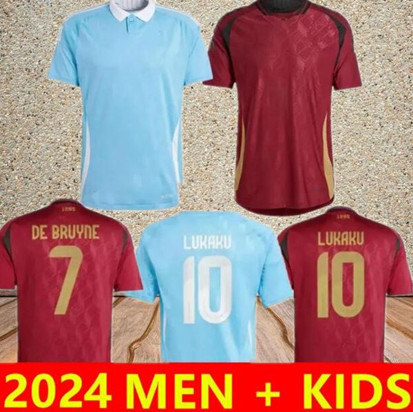 Camisetas Kids Belçika 2024 Euro Kupa Milli Takım Futbol Forması Evde Hayranlar Oyuncu De Bruyne Lukaku Doku Futbol Gömlekleri Çocuk Kiti Carrasco Tielemans Bakayoko