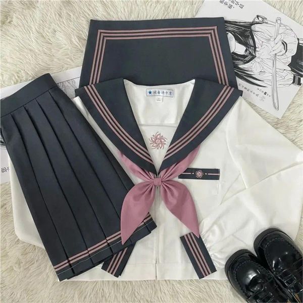 Roupas conjuntos de roupas cinza jk uniforme terno japonês estilo colégio doce doce/curto marinheiro saia plissada