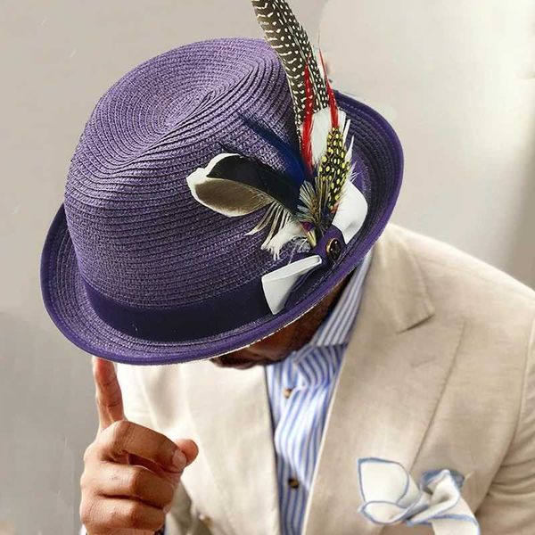 Cappelli larghi cappelli da secchio di cappelli nuovi piume Str Hat for Men Summer Tren Beach Cappelli da sole Fedoras Casual Cowboy Jazz C Gangster C Maschio J240425