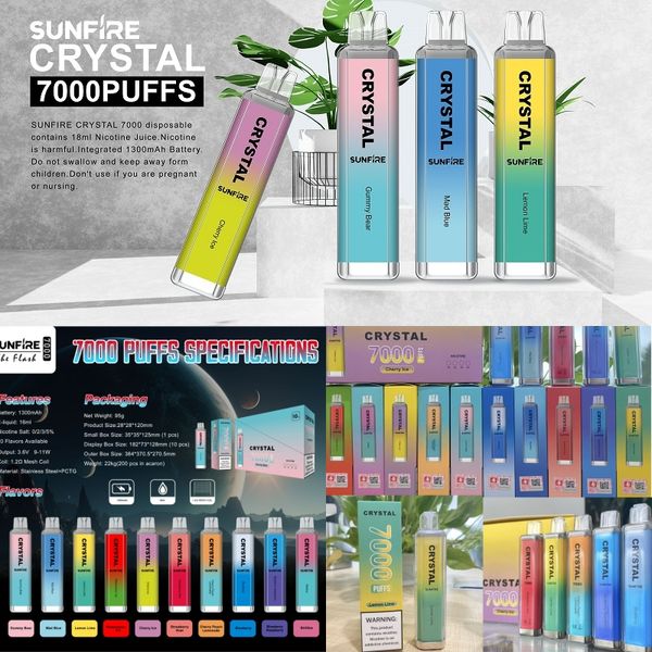 Prezzo all'ingrosso di fabbrica E sigaretta vapotteria Sunfire Crystal 7000 7k Sfumo Vape 1300Mah 16ml 5% Nic Vaporizer Coil bobina grande fumo Crystal VAPE VAPE VAPE PEN DEIP