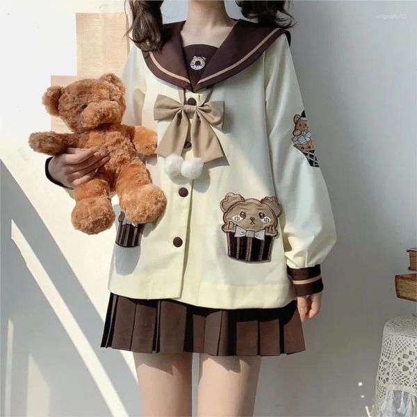 Kleidungssets süßer Bär JK Uniform Korean japanische lange kurze schläfrige Seemannsanzug Mädchen weiß braune Falten Rock Anime Cosplay Kostüme