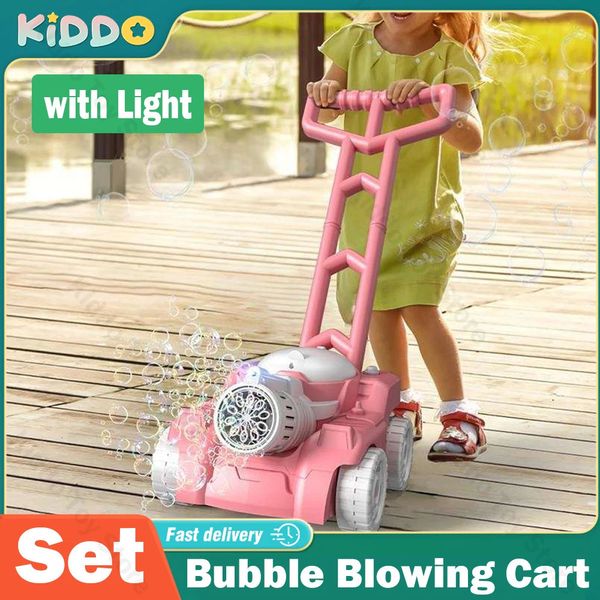 Bubble Blowing Cart Toys Electric Seifenblasenmaschine mit Beleuchtungsmusik Sommer Outdoor -Spielen Spielzeug für Jungen zurück zur Schule Geschenk 240415
