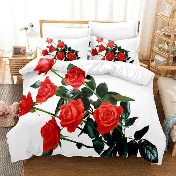 Set di biancheria da letto di rosa rosa rossa di lusso Fiori amanti della copertura del piumone copripiumino camera da letto splendida copertina del piumone re/regina.