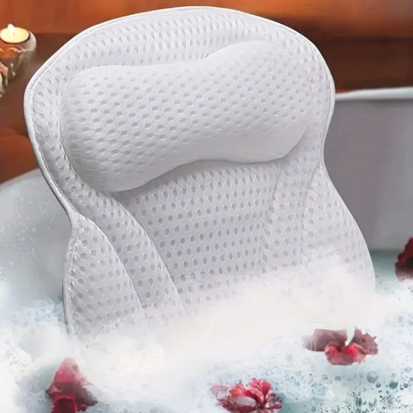 Travesseiro de banho de luxo de travesseiro, travesseiro de spa de banheira ergonômica com tecnologia de malha de ar 4D e 6 copos de sucção, ajuda a apoiar a cabeça, as costas, o shoul