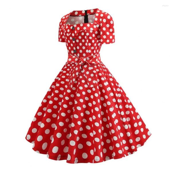 Vestidos casuais vestido de pin-up de pin-up bainha retro dos anos 50 A-line Midi com pescoço quadrado Decoração de botão grande para mulheres