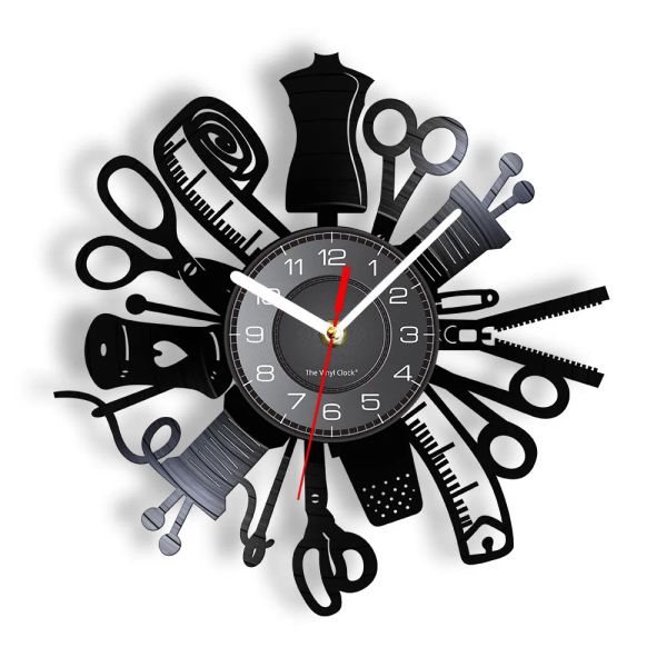Uhren Nähmaschinen Quilt -Werkzeuge Vinylaufnahme Wanduhr Schneider Seamstress Zeichen moderne Hangdekor