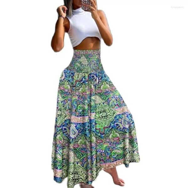 Röcke 2024 Sommer weibliche Weihnachtskleidung Fashion Druck elastischer hoher Taille Long Lose Frauen Maxi Bohemian Style Lady