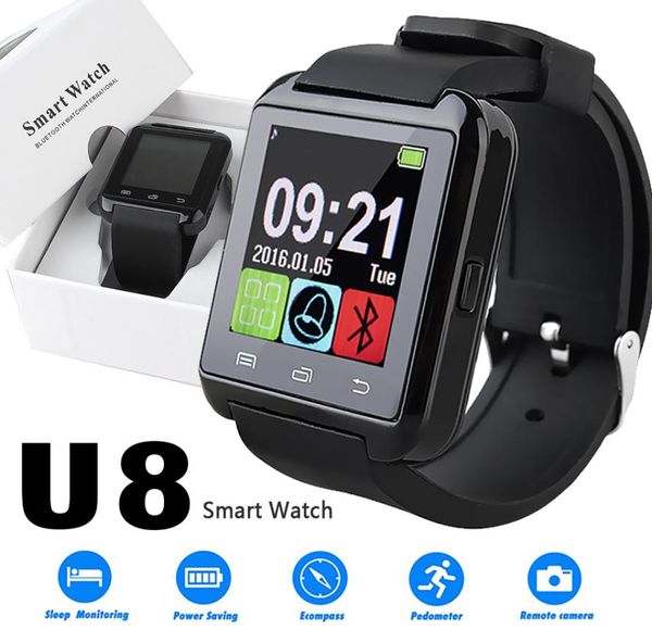 U8 Smart Watch Touch Screen Wrist Relógios com monitor Sleeping para iPhone 7 6 Samsung S8 Android iOS Cell Phone3219764