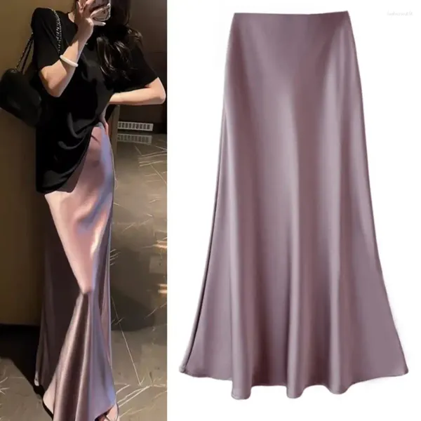 Röcke verpackte Fischschwanzrock Elegante Satin A-Line Midi für Frauen hohe Taille Solid Farb Saum Stilvolle Arbeitskleidung