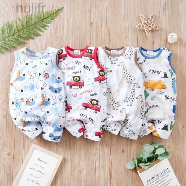 ROMPERS Neugeborene Kleidung Süßes Cartoon Animaldruck lässig und komfortabel weicher Junge und Mädchen Sommer runder Nacken Ärmel und Baby Jumpsuit D240425