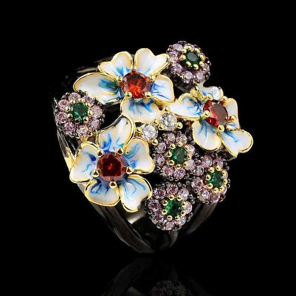 Anelli di banda 925 Silver New Gorgeous for Ladies Black Gold Ring Color Color Flower