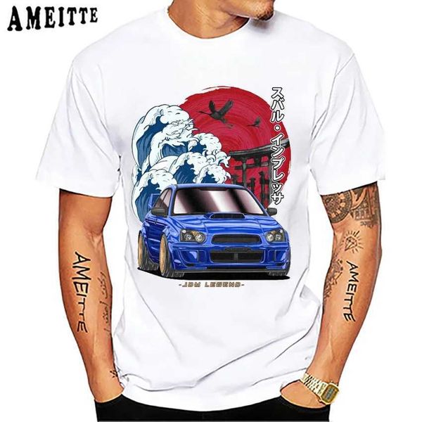 Мужские футболки New Summer Men Short Slve The Great Wave Subie Impreza WRX STI Print Футболка Смешное дизайн автомобиля белый повседневный мальчик T Top T240425