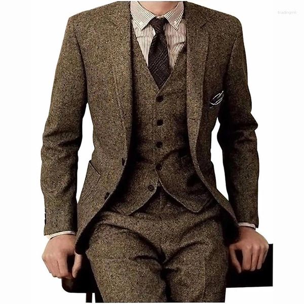 Erkekler Kahverengi Tweed Erkekler 3 Parça Resmi İş Takımı İnce Set Set Set Genç Erkek Damat Gelinlik Blazer (Ceket Pantolon Yelek)