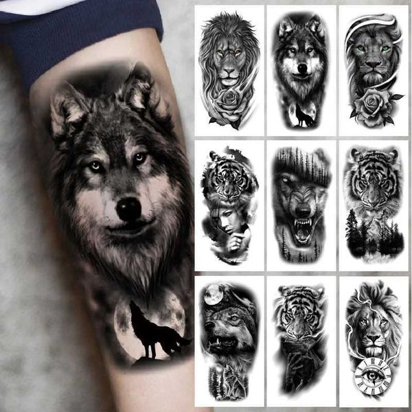 Tatuagem Transferência de braço de braço de tatuagem Tattoo Crown Lion Tiger Wolf Cabeça à prova d'água Tatuagem temporária Tattoo de arte corporal Tatuagem Fake for Mulher Men 240426