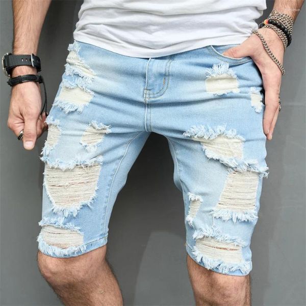 Erkekler Kot Yaz Erkekler Delikleri İnce Fit Denim Şort Şık Erkek Katı Katı Plaj Jean Beş Noküt Pantolon