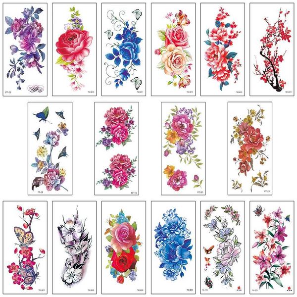 Transferência de tatuagem 16pcs/Lotwater Proof Tattoos temporário Tattoos adesivos Água transferência Decalscolored Flowers Body Art for Beauty Sexy Women Girl 240426