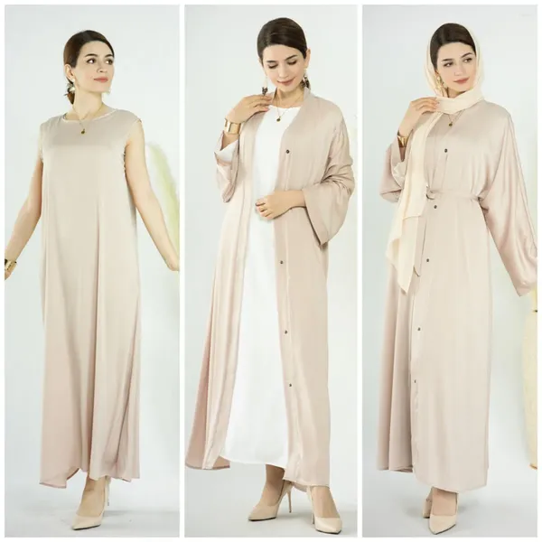 Ethnische Kleidung Ramadan muslimische Frauen öffnen Abaya ärmellose Maxi Kleid Set 2 Stück Dubai Kimono Kaftan Türkei Araber Jalabiya Kleid Islamisch