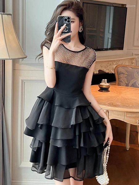 Partykleider Mode süße schwarze Frauen bloße Punkt Mesh Rüschen Kuchenkleid Mädchen Geburtstagskleid Abend Abschlussball Vestidos Bankett Robe