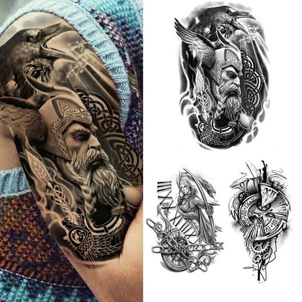 Tatuagem Transferência de tatuagem Impermeável Tattoo Tattoo Adesivo Warrior Skull Wolf Flash Flower Feather Tatto Mulher Black Body Art Fake Tatoo Man 240427