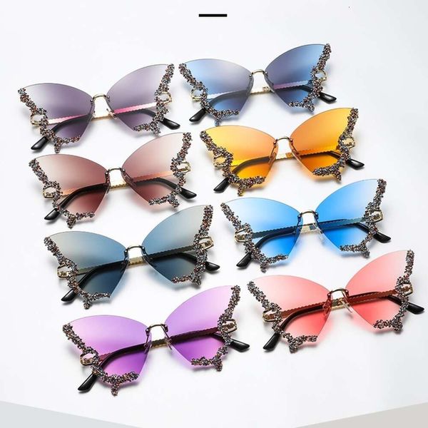 2024 Neue Designer -Sonnenbrille Schmetterlingsgeformte Diamant -Eingelegene rahmenlose Sonnenbrille für Frauen modisch und personalisiert übertriebene Sonnenbrille
