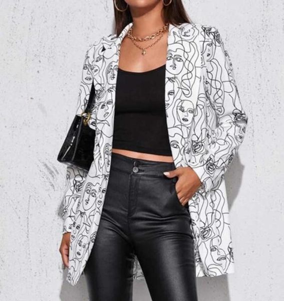 Cartoon Beauty Face Stampa bianca Blazer Women Giaccata High Street Fashion 2021Spring Plus size Lady Coat American Elegante X05489072