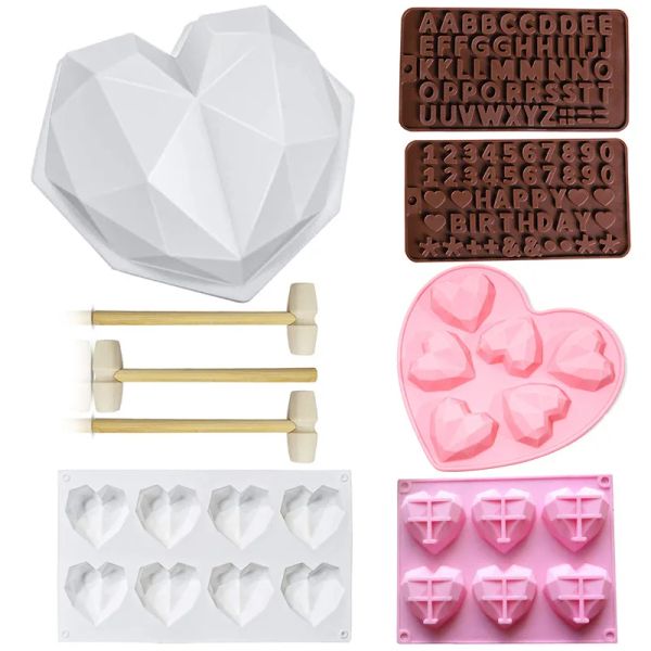 Stampi in silicone diamante amore cottura set stampo set di lettere numeri stampi 1/6/8 cavità mousse torta cassa cioccolato cioccolato stampo