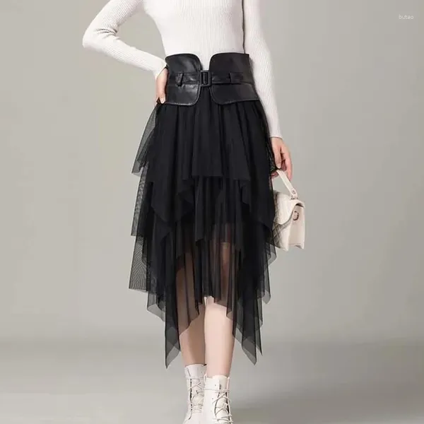 Röcke echter Ledergürtel Tüll Womens Unregelmäßige Mode koreanische elastische Hochtülengürtel -Tutu -Rock sexy Midi für Frauen