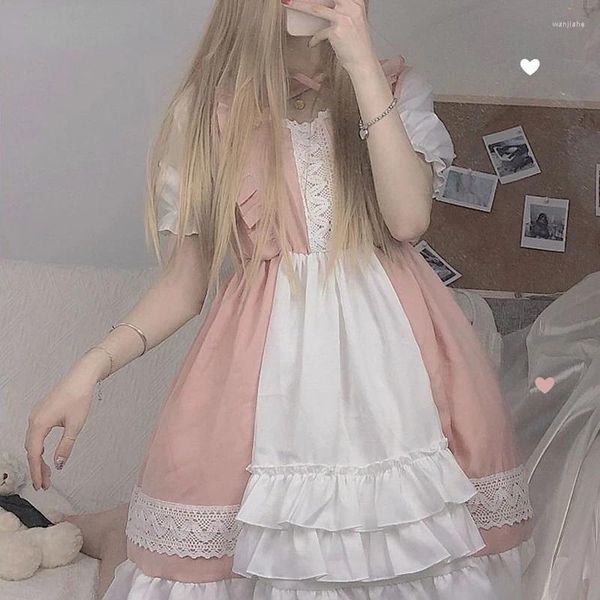 Abiti casual vestito donna rosa lolita ragazza simpatica festa kawaii ragazza morbida loli cosplay dolce ventaggio gotico a maniche corte