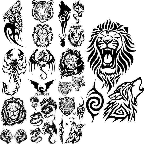 Татуировка переноса черного льва Волк Временные татуировки для женщин Мужчины Реалистичные тигр -скорпион -дракон -фальшивый наклейка на спине на спине тело татуировка творческая 240426