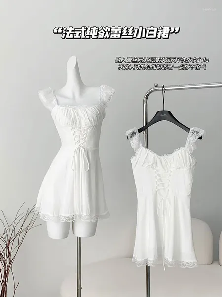 Vestidos casuais vestido de corte branco elegante vestido mori girl colar fada fora ombro ombro de renda doce