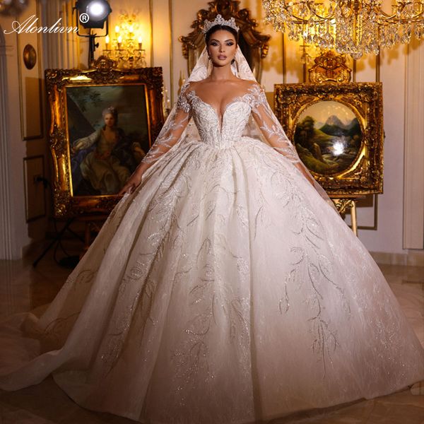 Luxuriöse Applikationen Spitze Illusion Hals voller Ärmeln Ballkleid Hochzeitskleid Perlen Stickerei glänzende Spitze Prinzessin Brautkleider mit vielschichtiger Spitze