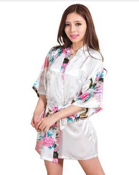 Women's Sleep abbigliamento RB008 2015 Short Stion Woman Pavone Stampato Silk Kimono Robes Fette Wedding Hardsmaid Robe Y240426