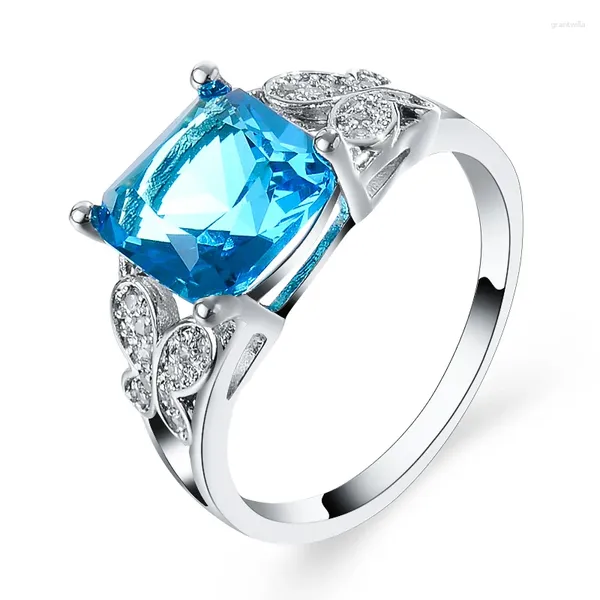 Com pedras laterais shuangr design de design de moda grande quadrado céu anéis de pedra azul para mulheres noivado de casamento de jóias presente de luxo