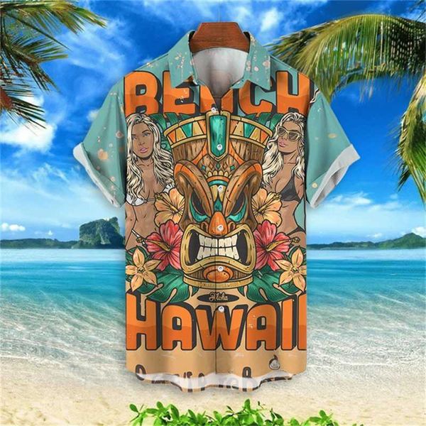 Herren lässige Shirts Fashion 3D Tiki Print Shirt für Männer Hip Hop Trend Harajuku Hawaiian Shirt Sommer Heißverkauf Lappel Bluse lässig losen Kurzarm 240424