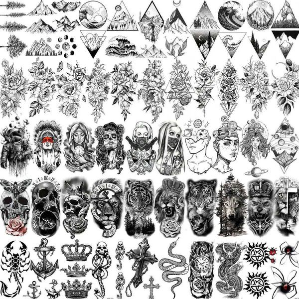 Trasferimento di tatuaggi 52 fogli cranio nero tatuaggi temporanei per uomini donne braccia tatuaggi in pasta falsa fiore di montagna animali 3d tatuaggi 240426