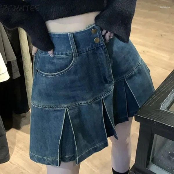 Юбки Винтаж для женщин мини-джинсовая джинсовая джинсовая ткань, дизайн с плиссированным дизайном All-Match Young Girls Fashion Corean Style Casual Faldas