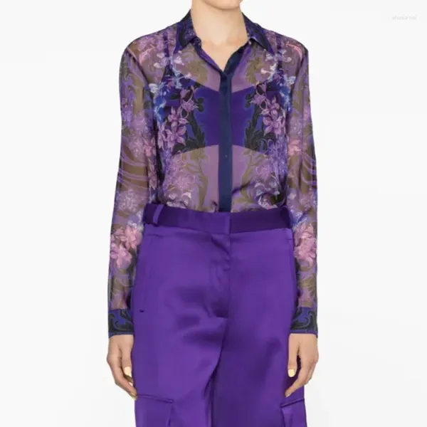 Camicette da donna di fascia alta da donna stampato a maniche lunghe di seta viola eleganti opere da ufficio di base camicie di base per le migliori camicie di qualità femmina