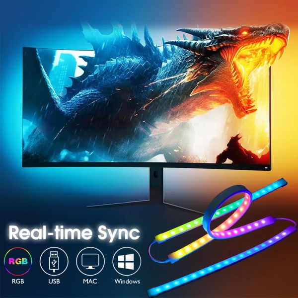 Lâmpada de luz de fundo do LED de tiras para monitor de computador RGB Smart Ambient Strip Light para 2734 polegadas PC Display Game Sala Decoração