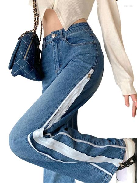 Kadınlar kot pantolon, renkli çift yan fermuarlı cadde kadınlar bel ince geniş bacak gevşek gündelik denim pantolon 2024 Bol pantolon