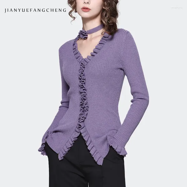 Frauen Strick Frauen hellviolett dünner Wollpullover mit detchierbarer Blume Krawatte Langarm V-Ausschnitt Rüschen Herbst Winter Stricktife Tops