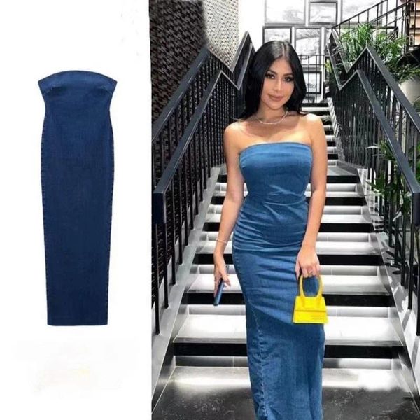 Sıradan elbiseler kadınlar fermuar arka bölünmüş hem parti elbise seksi askısız tüp üst kolsuz bodycon denim midi