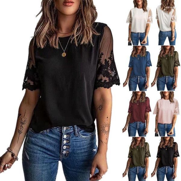 Blouses feminina Estação independente de verão Amazon Fashion Street Solid Color Round pescoço de mangas curtas Camisa de chiffon de renda superior