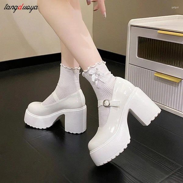 Sapatos de vestido saltos de plataforma branca Mulheres Mary Jane Vintage Girls High Heel Lolita Japanese Style College Student