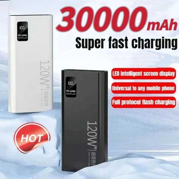 Банки питания сотового телефона Новый 30000mah Power Pack 120W Ultra Fast Зарядка портативная батарея Power Pack 100% подходит для iPhone Samsung 240424